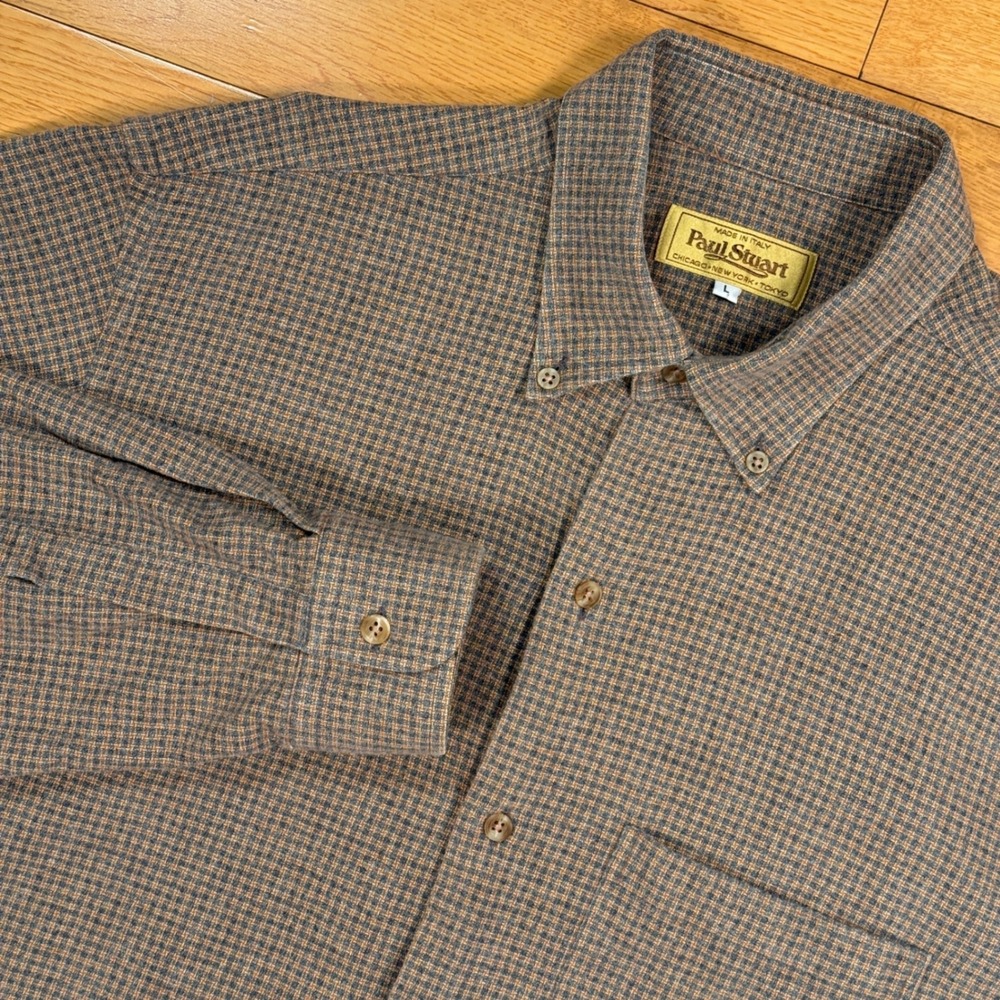 Paul Stuart Mens Large Brown Blue Micro Check Button Down Shirt Flannel Italy
